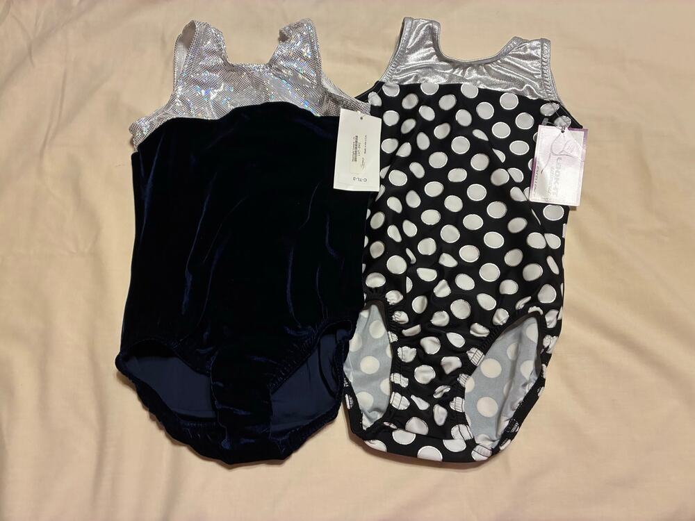 Lot 2 Girls Gymnastics Leotards NWT Velvet Navy Silver & Black White Polka Dot